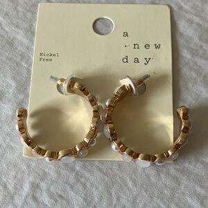 A New Day: Gold Tone & Faux Pearl Hoop Earrings- Nickel Free